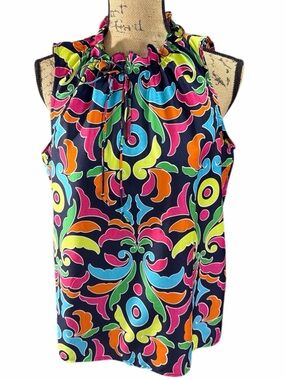 Multicolor Navy Ruffle-Neck Sleeveless Camisole